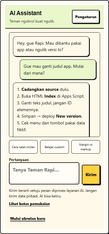 Contoh chat Asisten AI: Ngulik versi sendiri. Mulai dari ganti judul, lalu cek hasilnya.