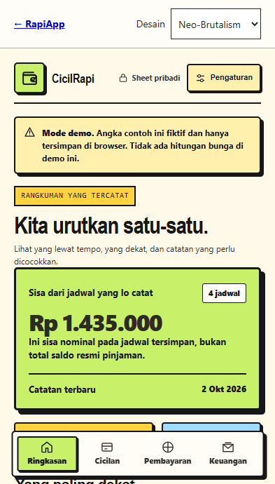 Tampilan CicilRapi di HP, ringkasan jadwal dan pembayaran